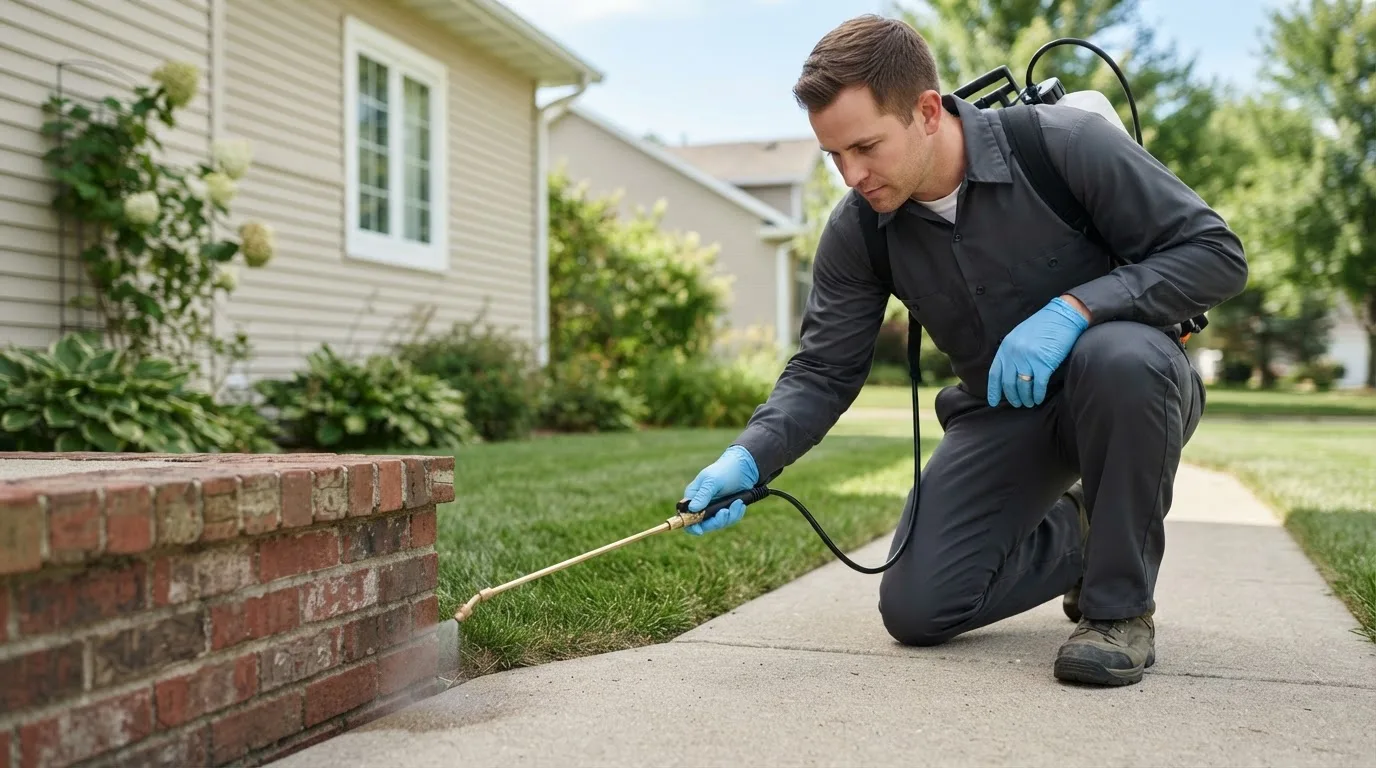 Pest control technician treating a home near Bradgate, IA