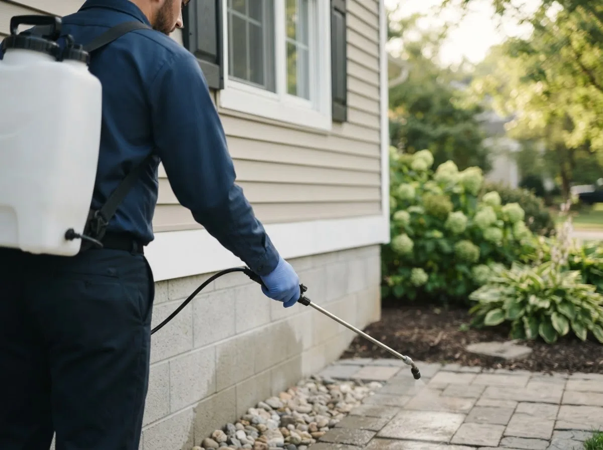 Pest control technician inspecting a home in Bradgate, IA